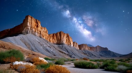 Obraz premium Cosmic Milky Way arching over desert mountains at night