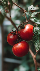 Close-up of Three Ripe Red Tomatoes on the Vine, Garden Fresh Produce, Healthy Eating, Organic Food, Farm to Table, Freshly Grown Vegetables