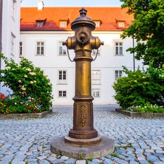 Ornate bronze fire hydrant in a cobblestone court
