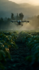 Agricultural Drone Spraying a Field at Dawn, Modern Farming Technology for Precision Agriculture and Crop Protection, Sustainable Agriculture