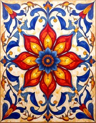 Ornate blue-orange flower tile with symmetry vines