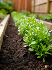 Close-up of Fresh Green Seedlings Growing in a Raised Garden Bed with Rich Soil, Symbolizing New Beginnings, Growth, and Sustainable Gardening Practices