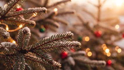 Frosted Pine Tree Branches with Christmas Lights and Ornaments at Sunset
