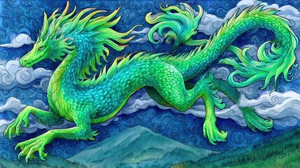 Obraz premium Vibrant green dragon illustration floating across a cloudy sky