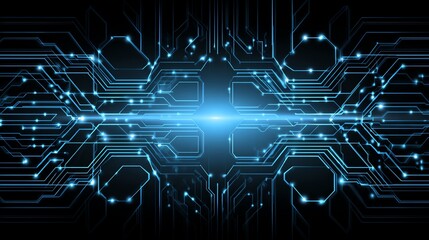 A captivating digital circuit design showcasing intricate connections and glowing blue lights. Ideal for technology themes, circuits, and futuristic visuals.