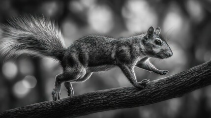 Squirrel running along tree branch in black and white nature scene