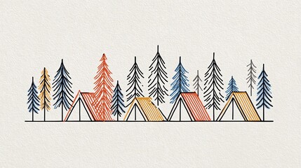 Fototapeta premium A colorful illustration featuring tents nestled among stylized evergreen trees, highlighting the spirit of camping and outdoor adventures in nature.