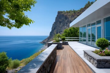 Obraz premium Modern building balcony with ocean view landscape