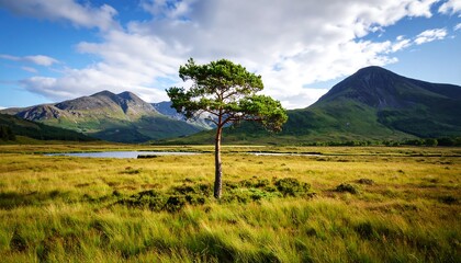 Solitary pine tree in a grassy valley, mountains in the background
