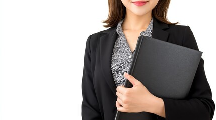 A confident business woman in a formal outfit holds a black folder