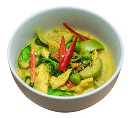 Thai Green Curry with Chicken in White Bowl Isolated Transparent Background