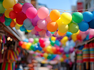 Colorful Balloons Decorating Outdoor Market, Celebration and Festive Atmosphere with Rainbow of Balloons Hanging Above Street, Party Decoration,