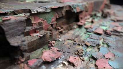 Abstract Macro of Eroded Multi-Colored Surface with Rough Texture, Featuring Brown, Red, Green, and Blue Tones, Evoking Decay and Geological