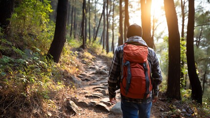 Obraz premium A hiker strolls along a scenic forest trail, illuminated by the warm morning sun