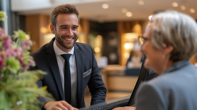 Young eye doctor in professional attire having pleasant conversation with smiling elderly woman at modern reception desk during scheduled visit to specialized ophthalmology clinic