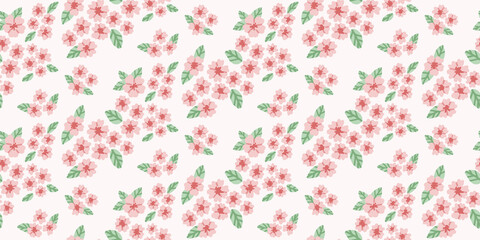 Pink cherry blossom seamless pattern, hand-drawn sakura flowers and leaves in pastel pink tones