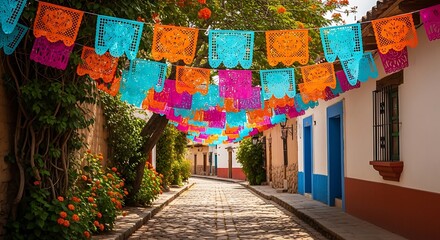 Fototapeta premium Colorful papel picado banners decorating a charming cobblestone street