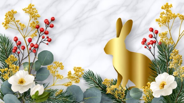 Golden rabbit holiday winter floral wreath on marble