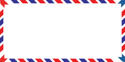 Airmail envelope frame with blue and red stripes on white background. International vintage letter border. 