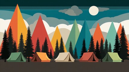 Obraz premium A vibrant camping scene set against colorful mountain peaks. Tents dot the landscape among evergreen trees, with a full moon illuminating the tranquil outdoor setting at night.