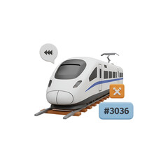 Fototapeta premium 3d icon of 3d render of a futuristic white highspeed train on tracks with a speech bubble and a warning icon, isolated on transparent background
