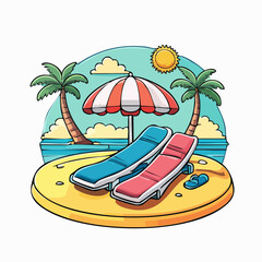 Obraz premium Tropical beach scene with sun umbrellas and lounge chairs