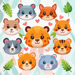 Fototapeta premium Cute Cartoon Animal Heads Collection, Including Tiger, Bear, Fox and More, Perfect for Kids Projects