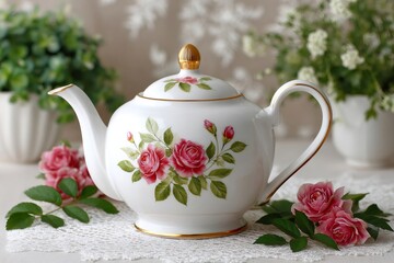 Porcelain teapot featuring delicate pink roses on doily