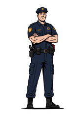 Policeman standing with crossed arms wearing a dark uniform and equipment belt