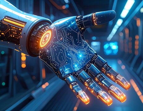 Futuristic robotic hand with glowing circuits