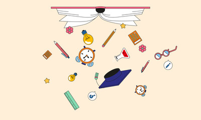A whimsical vector illustration of various education and academic elements like a graduation cap, books, and science items floating on a plain background. Ideal for banners, presentations, and learnin
