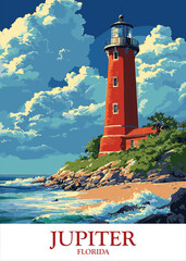 Vector illustration of Jupiter, Florida, featuring a historic lighthouse on a scenic coastline with a vibrant blue sky, ideal for travel posters, tourism marketing, and nautical-themed designs © Lela
