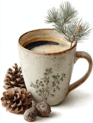 Realistic watercolor clipart of cozy tumbler of coffee with pine branch and cones, soft pastel tones of white ivory beige brown and olive green, feminine Christmas winter aesthetic isolated background