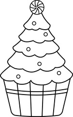 Christmas tree cupcake  decorated Candy outline isolated.
Holiday festive dessert children's coloring pages.
Transparent background. SVG.