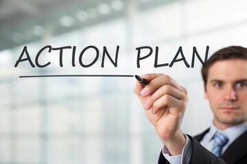 A confident businessman writing the words &lsquo;ACTION PLAN&rsquo; on a glass window using a black marker, with blurred modern office background