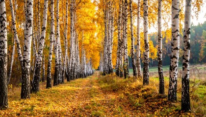 Obraz premium A vibrant perspective of an autumn pathway lined with tall trees