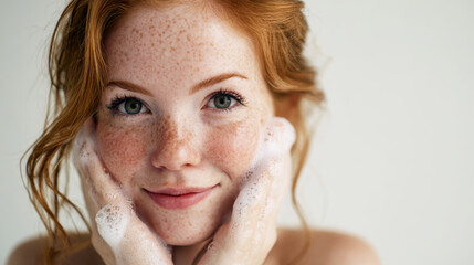 A young ginger woman of Caucasian descent with wavy wet hair, light skin and freckles gently touching face applying a big white soap foam with hands in studio with white background. Generative AI