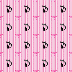 Black Cat Silhouette and Pink Bow Vertical Stripe Seamless Pattern