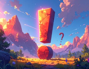 Giant Stone Exclamation Mark in a Mountain Valley