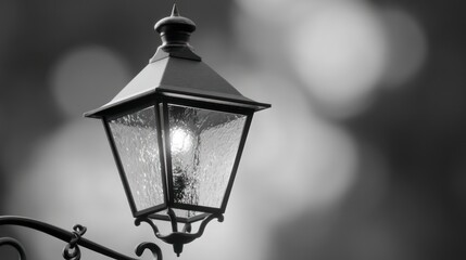 Classic street lamp illuminated against blurred background in black and white