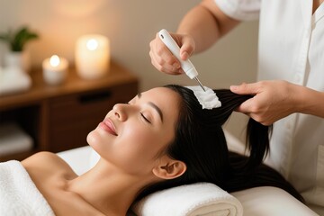woman getting hair treatment in spa