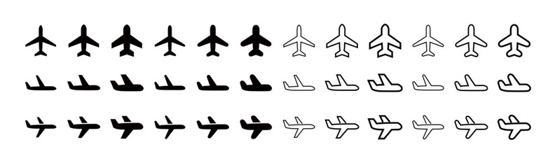 Simple airplane and flight black and white icon set, editable line icons and fill icons, two types of detail (rounded, sharp), three types of line width