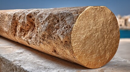 Aged, rough stone cylinder with one end smooth and golden, resting on a stone ledge
