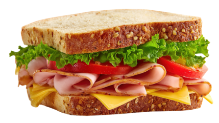 Delicious grilled chicken sandwich recipe with fresh arugula tomato and onion on toasted bread recipe on transparent background