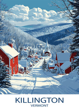 Charming vector illustration of winter in Killington, Vermont, showcasing a snow-covered village street with houses and a church under a bright sky, ideal for travel posters and seasonal greetings.