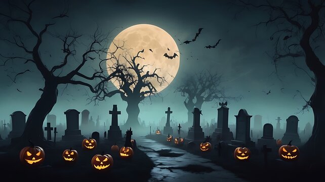 Eerie Moonlit Forest with Glowing Jack O Lanterns and Twisted Bare Trees

 - Powered by Adobe