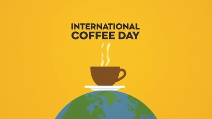 Celebration of International Coffee Day with a steaming cup on a globe background