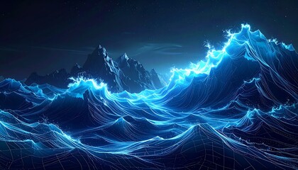 Digital art of glowing blue waves and mountains under a dark night sky