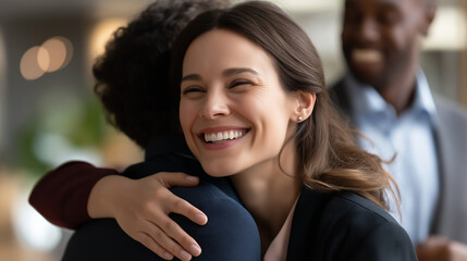 Professional businesswoman in corporate attire sharing warm welcoming embrace with team member expressing genuine appreciation and encouragement in modern office environment
