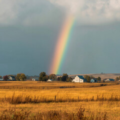  Rainbow Over Open Farmland Dramatic Post Storm Wide Panoramic Sunlit Scenic Rural Landscape